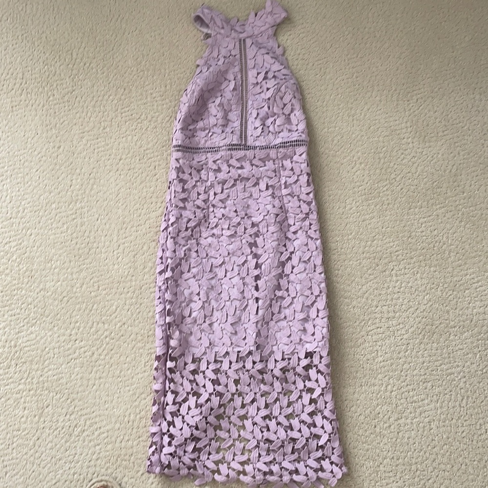 BARDOT HALTER CROCHET MIDI DRESS PURPLE XS